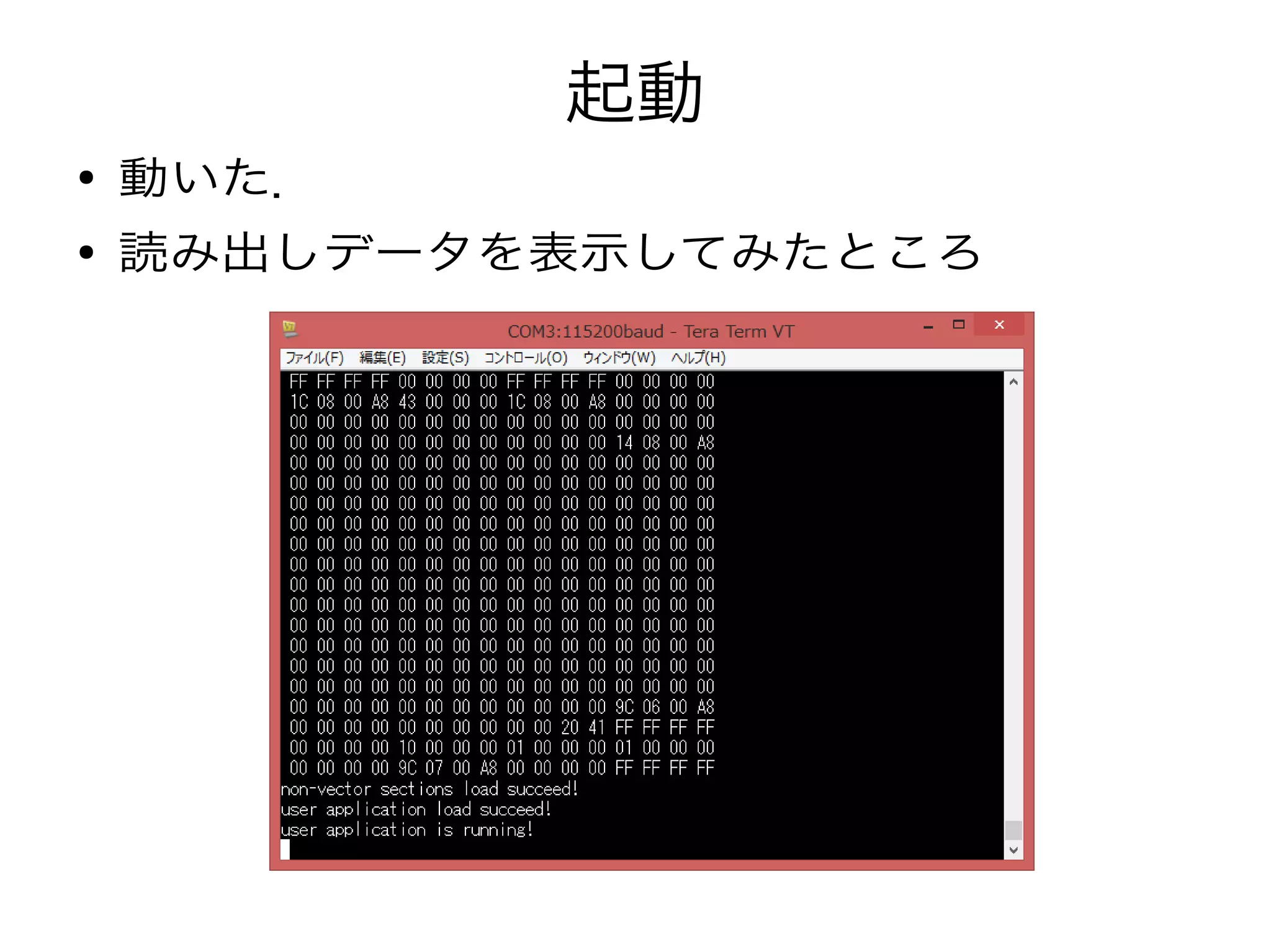 起動
● 動いた．
● 読み出しデータを表示してみたところ
 