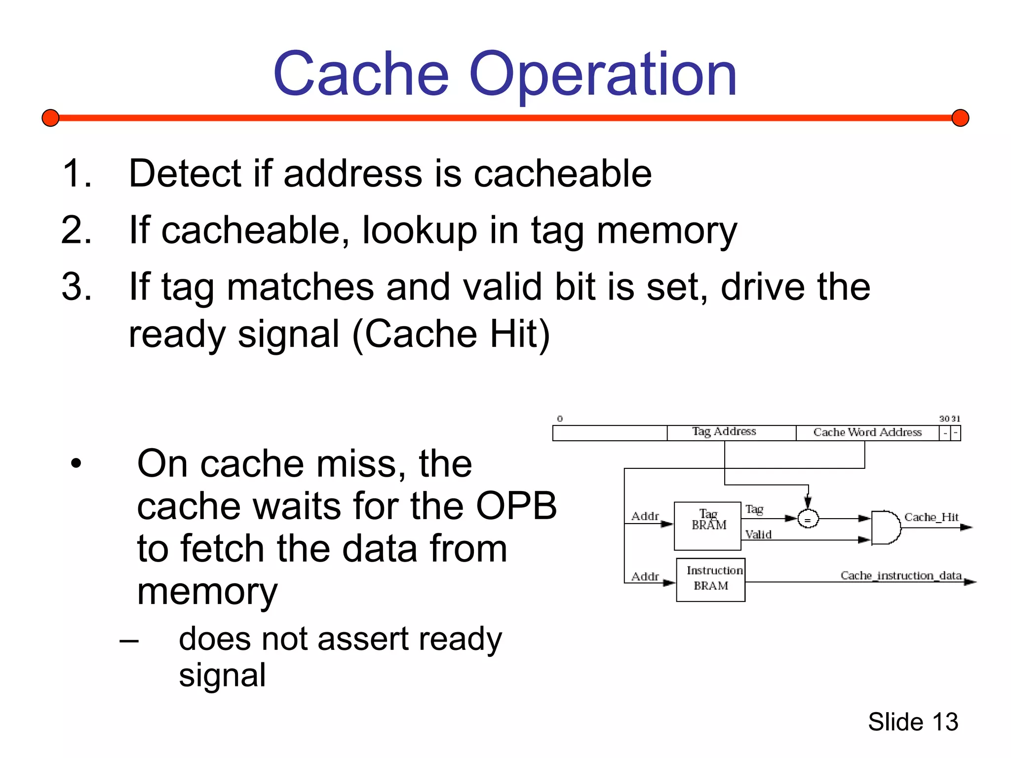 Slide 13
Cache Operation
1. Detect if address is cacheable
2. If cacheable, lookup in tag memory
3. If tag matches and valid bit is set, drive the
ready signal (Cache Hit)
• On cache miss, the
cache waits for the OPB
to fetch the data from
memory
– does not assert ready
signal
 
