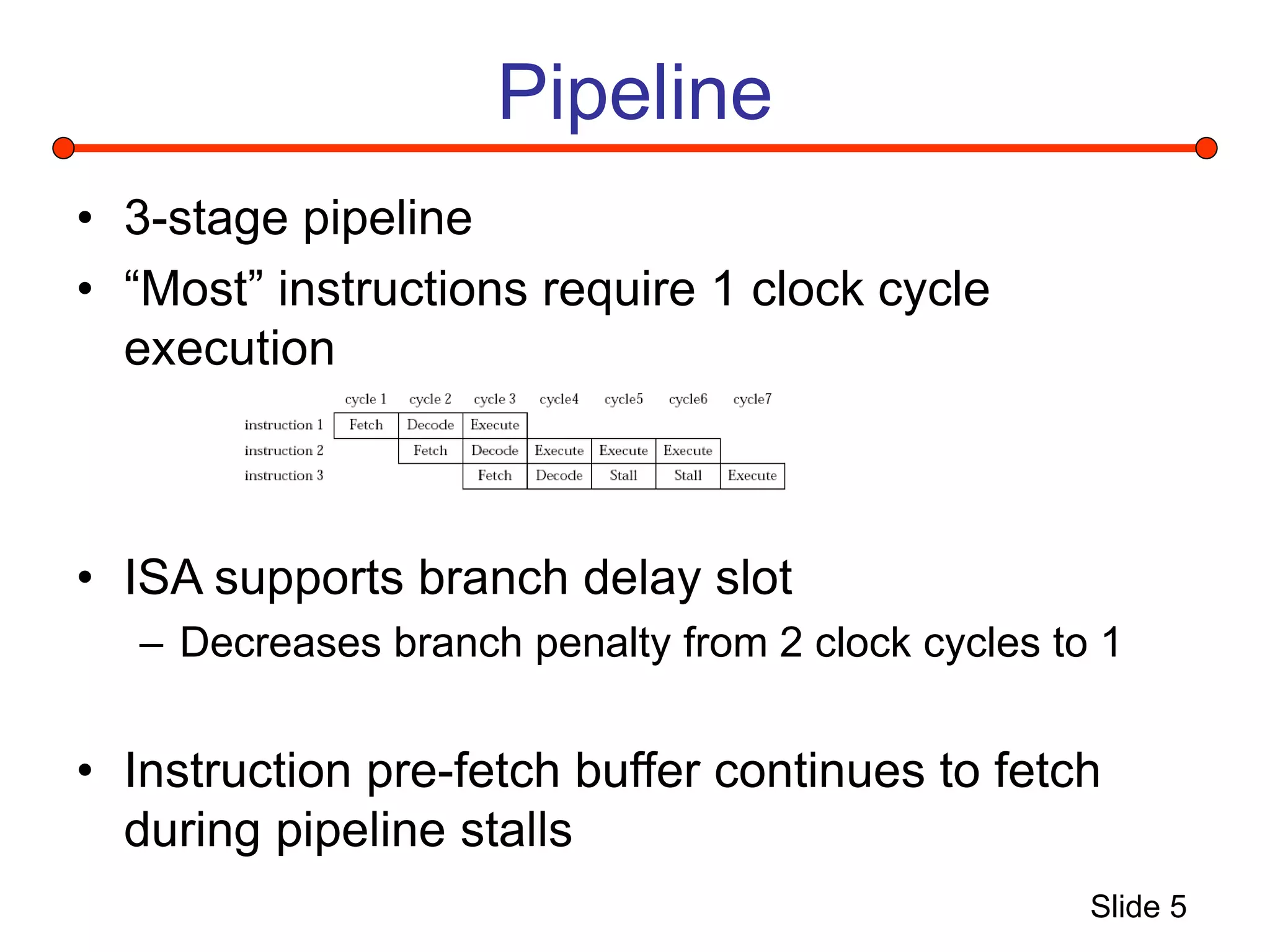 Slide 5
Pipeline
• 3-stage pipeline
• “Most” instructions require 1 clock cycle
execution
• ISA supports branch delay slot
– Decreases branch penalty from 2 clock cycles to 1
• Instruction pre-fetch buffer continues to fetch
during pipeline stalls
 