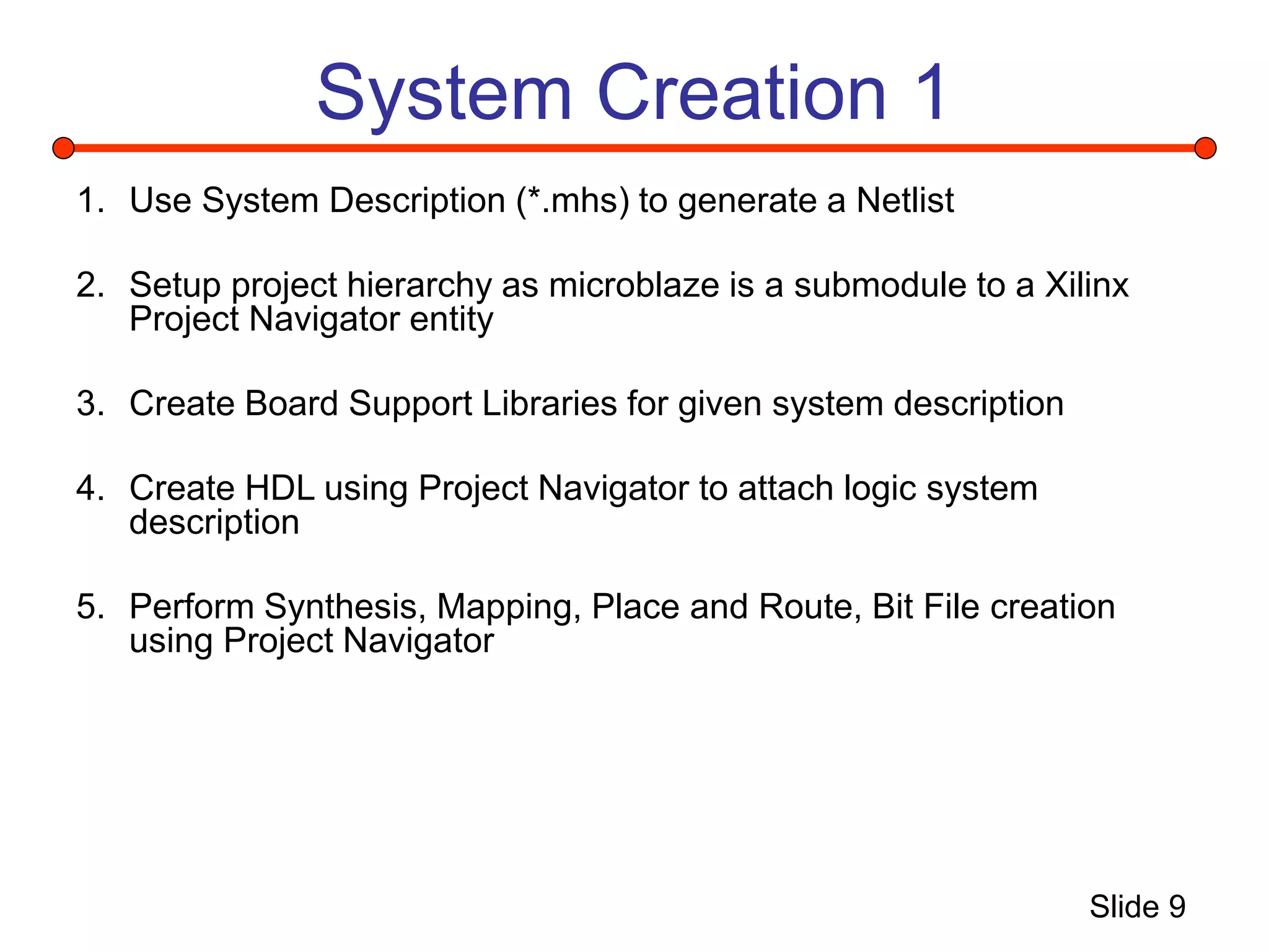 Slide 9
System Creation 1
1. Use System Description (*.mhs) to generate a Netlist
2. Setup project hierarchy as microblaze is a submodule to a Xilinx
Project Navigator entity
3. Create Board Support Libraries for given system description
4. Create HDL using Project Navigator to attach logic system
description
5. Perform Synthesis, Mapping, Place and Route, Bit File creation
using Project Navigator
 