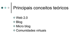 Principais conceitos teóricos Web 2.0 Blog Micro blog Comunidades virtuais 