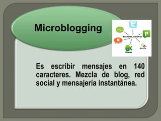 Microblogging


Es escribir mensajes en 140
caracteres. Mezcla de blog, red
social y mensajería instantánea.
 