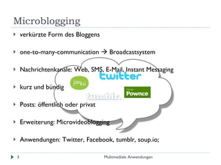 Microblogging verkürzte Form des Bloggens one-to-many-communication    Broadcastsystem Nachrichtenkanäle: Web, SMS, E-Mail, Instant Messaging kurz und bündig Posts: öffentlich oder privat Erweiterung: Microvideoblogging Anwendungen: Twitter, Facebook, tumblr, soup.io; Multimediale Anwendungen 