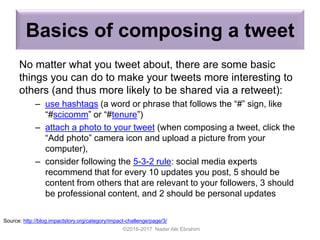 Basics of composing a tweet
No matter what you tweet about, there are some basic
things you can do to make your tweets more interesting to
others (and thus more likely to be shared via a retweet):
– use hashtags (a word or phrase that follows the “#” sign, like
“#scicomm” or “#tenure”)
– attach a photo to your tweet (when composing a tweet, click the
“Add photo” camera icon and upload a picture from your
computer),
– consider following the 5-3-2 rule: social media experts
recommend that for every 10 updates you post, 5 should be
content from others that are relevant to your followers, 3 should
be professional content, and 2 should be personal updates
©2016-2017 Nader Ale Ebrahim
Source: http://blog.impactstory.org/category/impact-challenge/page/3/
 