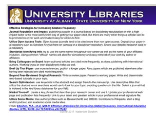 Effective Strategies for Increasing Citation Frequency
Journal Reputation and Impact: publishing a paper in a journal based on disciplinary reputatation or with a high
impact factor is the most well known way of getting your paper cited. But there are many other things a scholar can do
to promote his or her work and make it easy for others to find.
Utilize Open Access Tools: Open Access journals tend to be cited more than non open access. Deposit your paper in
a repository such as Scholars Archive here on campus or a disciplinary repository. Share your detailed research data in
a repository.
Standarize Identifying Info: try to use the same name throughout your career as well as the name of your affiliated
insitution. Using common "official" names will allow for consistency and easy retrieval of your work by author or
affiliation.
Bring Colleagues on Board: team-authored articles are cited more frequently, as does publishing with international
authors. Working cross-or inter-disciplinarily helps as well.
Beef Up That Paper: use more references, publish a longer paper. Also papers which are published elsewhere after
having been rejected are cited more frequently.
Beyond Peer-Reviewed Original Research: Write a review paper. Present a working paper. Write and disseminate
web-based tutorials on your topic.
Search Optimization: use keywords in the abstract and assign them to the manuscript. Use descriptive titles that
utilize the obvious terms searchers would use to look for your topic, avoiding questions in the title. Select a journal that
is indexed in the key library databases for your field.
Market Yourself: create a key phrase that describes your research career and use it. Update your professional web
page and publication lists frequently. Link to your latest and greatest article in your professional email signature file.
Utliize Social Media: Use author profiles such as ResearcherID and ORCID. Contribute to Wikipedia, start a blog
and/or podcast, join academic social media sites.
From: Ebrahim, N.A., et al. (2013). Effective strategies for increasing citation frequency. International Education
Studies, 6(11), 93-99. doi:10.5539/ies.v6n11p93
©2016-2017 Nader Ale Ebrahim
 