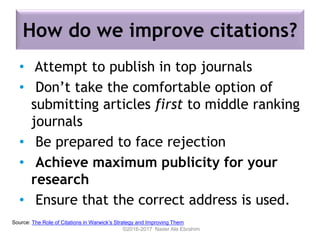 How do we improve citations?
• Attempt to publish in top journals
• Don’t take the comfortable option of
submitting articles first to middle ranking
journals
• Be prepared to face rejection
• Achieve maximum publicity for your
research
• Ensure that the correct address is used.
©2016-2017 Nader Ale Ebrahim
Source: The Role of Citations in Warwick’s Strategy and Improving Them
 