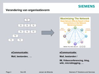 Verandering van organisatievorm eCommunicatie: Mail, bestanden,  … eCommunicatie: Mail, bestanden /  IM, Videoconferencing, blog, wiki, microblogging, … 