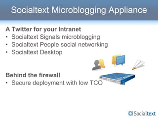 Socialtext Microblogging Appliance A Twitter for your Intranet Socialtext Signals microblogging Socialtext People social networking Socialtext Desktop Behind the firewall Secure deployment with low TCO 