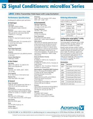 Tel 248-295-0880 ■ Fax 248-624-9234 ■ sales@acromag.com ■ www.acromag.com ■ 30765 Wixom Rd, Wixom, MI 48393 USA
Signal Conditioners: microBlox
TM
Series
uB42 2-Wire Transmitter Field Input with Loop Excitation
Performance Specifications
See Backpanels for additional system specifications.
■ Field Input
Field Range
Fixed ranges: 0-20mA or 4-20mA.
User-configurable -B models: 0-20mA DC.
Resolution
16-bit ADC. 4-20mA: 1/24319. 0-20mA: 1/30399.
When used with AC Current Sensor 5020-350:
1/16978 for 0-11.17mA range.
Resistance
47.5Ω ±0.1%. Input shunt to ground or loop load.
Excitation
+13V loop power supply. 12V to transmitter and 1V
for internal input shunt resistor.
Input Sample Rate
1200sps.
Normal Mode (Bandwidth)
-3dB at 100Hz, 180Hz typical.
Protection
TVS & diode clamps built-in plus additional protection
on back-panel.
Common Mode Rejection
130dB typical, 50-60Hz.
■ Host Output
Host Range
uB42-01: 0-5V. uB42-02: 1-5V. uB42-03: 0-5V.
uB42-B: User-configurable ±5V.
Resolution
16-bit DAC. 0-5V: 1/26305. ±5VDC: 1/52610.
1-5V: 1/21044.
Drive Capability
5V into 1KΩ minimum or 5mA maximum load.
Response Time
Output Steps 0-98% in 6ms, typical.
■ General
Power Consumption
0.25W max. with no excitation load, 0.6W max. or
120mA from 5V with 20mA excitation load.
I/O Resolution
Effective resolution is the least of input (A/D) and
output (D/A) resolution with 0-20mA/0-5V: 1/30399.
4-20mA/1-5V 1/21044. 0-11.17mA/0-5V: 1/16978.
Accuracy
Better than ±0.1%. 0.05% typical.
-CG models: Better than ±0.125%. 0.075% typical.
Non-Linearity
Better than ±0.05%, typical.
Noise:
Less than 0.06% of span p-p, rms.
Ambient Effect:
Less than ±80ppm/°C.
Dimensions
Height: 1.380” with connectors. 0.970” without.
Width: 0.425”. Length: 1.425”.
■ Environmental
Operating Temperature
-40 to 80°C (-40° to 176°F).
-CG models: 0 to 55°C (32 to 131°F).
Storage Temperature
-40 to 85°C (-40° to 185°F).
Relative Humidity
0 to 95% non-condensing.
Power Requirement
5V powered.10-32V power optional
(requires uBDC-1 power module & backpanel.)
Safety Isolation
Field channels are individually isolated field channel-
to-field channel and from the field to the host I/O
bus (host group includes 5V power) for common-
mode voltages up to 250V AC, or 354V DC off DC
power ground, on a continuous basis (will withstand
1500VAC HIPOT/dielectric strength test for one
minute without breakdown). This complies with test
requirements of ANSI/ISA-82.01-1988 for voltage
rating specified.
Shock and Vibration Immunity
Conforms to:
IEC 60068-2-6: 10-500 Hz, 4G, 2 hours/axis, for
sinusoidal vibration.
IEC 60068-2-64: 10-500 Hz, 4G-rms, 2 hours/axis, for
random vibration.
EC 60068-2-27: 25G, 11ms half-sine, 18 shocks at 6
orientations, for mechanical shock.
Electromagnetic Compatibility (EMC) Compliance
Minimum immunity per BS EN 61000-6-1 (2007):
CE marked, per EMC Directive 2004/108/EC.
Electrostatic Discharge Immunity (ESD),
per IEC 61000-4-2.
Radiated Field Immunity (RFI), per IEC 61000-4-4.
Electrical Fast Transient Immunity (EFT),
per IEC 61000-4-4.
Surge Immunity, per IEC 61000-4-5. Conducted RF
Immunity (CRFI), per IEC 61000-4-6.
Emissions
Class B product with emissions per BS EN 61000-6-3
(2007+A1:2011): enclosure port, per CISPR 16.
Low voltage AC mains port, per CISPR 16.
Approvals
CE compliant. RoHS Compliant.
UL/cUL Class 1, Division 2, Groups ABCD.
ATEX Zone 2. No UL or ATEX on -CG models.
Ordering Information
To order commercial grade modules append with -CG
(except -B models) e.g., uB42-01-CG.
Model Field Input Host Output
uB42-01 0-20mA DC with
excitation, 100Hz
0-5V DC
uB42-02 4-20mA DC with
excitation, 100Hz
1-5V DC
uB42-B Config. 0-20mA DC
with excitation
Config. ±5V
Configuration using AgilityTM
Config.
Tool via Bluetooth technology
The Acromag Agility™ configuration tool is a mobile
application that allows easy setup, calibration, and
reconfiguration of microBlox™ I/O modules.
Bluetooth wireless technolgy microBlox™ modules
(-B models) allow their input and output ranges to be
wirelessly reconfigured and calibrated using a smart
phone or tablet. This mobile app. supports smart
devices with Android 4.3 or later or iOS 5.0 or later.
You can download the Agility application free of
charge from the Google PlayTM
store at play.google.
com (Android), or the Apple®
app. store at
itunes.apple.com (Apple iOS).
Accessories
Model Description
uBDC1 Non-isolated, 10-32V: 5V/1A power
supply
uB04 4 channel panel, surface mount
uB04D 4 channel panel, DIN rail mount
uB08 8 channel panel, surface mount
uB08D 8 channel panel, DIN rail mount
uB16 16 channel panel, surface mount
uB16D 16 channel panel, DIN rail mount
5020-350 AC current sensor
The Bluetooth®
word mark and logos are registered trademarks owned by the Bluetooth SIG, Inc. and any use of such marks by Acromag is under license other trademarks are property of their respective owners.
Copyright © Acromag, Inc. 2016. Data subject to change without notice. Printed in USA 5/2016
 