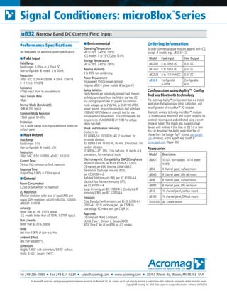 Tel 248-295-0880 ■ Fax 248-624-9234 ■ sales@acromag.com ■ www.acromag.com ■ 30765 Wixom Rd, Wixom, MI 48393 USA
Signal Conditioners: microBlox
TM
Series
uB32 Narrow Band DC Current Field Input
Performance Specifications
See Backpanels for additional system specifications.
■ Field Input
Field Range
Fixed ranges: 0-20mA or 4-20mA DC.
User-configurable -B models: 0 to 20mA.
Resolution
16-bit ADC. 0-20mA 1/30399. 4-20mA: 1/24319.
0-11.17mA: 1/16978.
Resistance
47.5Ω (input shunt to ground/return).
Input Sample Rate
40sps.
Normal Mode (Bandwidth)
-3dB at 7Hz, typical.
Common Mode Rejection
130dB typical, 50-60Hz.
Protection
TVS & diode clamps built-in plus additional protection
on back-panel.
■ Host Output
Host Range
Fixed ranges: 0-5V.
User-configurable -B models: ±5V.
Resolution
16-bit DAC. 0-5V: 1/26305. ±5VDC: 1/52610.
Current Drive
5V into 1KΩ minimum or 5mA maximum.
Response Time
Output Step 0-98% in 150ms typical.
■ General
Power Consumption
0.25W or 50mA from 5V maximum.
I/O Resolution
Effective resolution is the least of input (A/D) and
output (D/A) resolution: uB32-01/uB32-02: 1/26305.
uB32-03: 1/16978.
Accuracy
Better than ±0.1%. 0.05% typical.
-CG models: Better than ±0.125%. 0.075% typical.
Non-Linearity
Better than ±0.05%, typical.
Noise
Less than 0.06% of span p-p, rms.
Ambient Effect
Less than ±80ppm/°C.
Dimensions
Height: 1.380” with connectors, 0.970” without.
Width: 0.425”. Length: 1.425”.
■ Environmental
Operating Temperature
-40 to 80°C (-40° to 176°F).
-CG models: 0 to 55°C (32 to 131°F).
Storage Temperature
-40 to 85°C (-40° to 185°F).
Relative Humidity
0 to 95% non-condensing.
Power Requirement
5V powered.10-32V power optional
(requires uBDC-1 power module & backpanel.)
Safety Isolation
Field channels are individually isolated field channel-
to-field channel and from the field to the host I/O
bus (host group includes 5V power) for common-
mode voltages up to 250V AC, or 354V DC off DC
power ground, on a continuous basis (will withstand
1500VAC HIPOT/dielectric strength test for one
minute without breakdown). This complies with test
requirements of ANSI/ISA-82.01-1988 for voltage
rating specified.
Shock and Vibration Immunity
Conforms to:
IEC 60068-2-6: 10-500 Hz, 4G, 2 hours/axis, for
sinusoidal vibration.
IEC 60068-2-64: 10-500 Hz, 4G-rms, 2 hours/axis , for
random vibration.
EC 60068-2-27: 25G, 11ms half-sine, 18 shocks at 6
orientations, for mechanical shock.
Electromagnetic Compatibility (EMC) Compliance
Minimum immunity per BS EN 61000-6-1 (2007):
CE marked, per EMC Directive 2004/108/EC.
Electrostatic Discharge Immunity (ESD),
per IEC 61000-4-2.
Radiated Field Immunity (RFI), per IEC 61000-4-4.
Electrical Fast Transient Immunity (EFT),
per IEC 61000-4-4.
Surge Immunity, per IEC 61000-4-5. Conducted RF
Immunity (CRFI), per IEC 61000-4-6.
Emissions
Class B product with emissions per BS EN 61000-6-3
(2007+A1:2011): enclosure port, per CISPR 16.
Low voltage AC mains port, per CISPR 16.
Approvals
CE compliant. RoHS Compliant.
UL/cUL Class 1, Division 2, Groups ABCD.
ATEX Zone 2. No UL or ATEX on -CG models.
Ordering Information
To order commercial grade modules append with -CG
(except -B models) e.g., uB32-01-CG.
Model Field Input Host Output
uB32-01 4 to 20mA DC 0-5V DC
uB32-02 0 to 20mA DC 0-5V DC
uB32-03 0 to 11.17mA DC 0-5V DC
uB32-B Configurable
0-20mA
Configurable
±5V
Configuration using AgilityTM
Config.
Tool via Bluetooth technology
The Acromag Agility™ configuration tool is a mobile
application that allows easy setup, calibration, and
reconfiguration of microBlox™ I/O modules.
Bluetooth wireless technolgy microBlox™ modules
(-B models) allow their input and output ranges to be
wirelessly reconfigured and calibrated using a smart
phone or tablet. This mobile app. supports smart
devices with Android 4.3 or later or iOS 5.0 or later.
You can download the Agility application free of
charge from the Google PlayTM
store at play.google.
com (Android), or the Apple®
App Store®
at
itunes.apple.com (Apple iOS).
Accessories
Model Description
uBDC1 10-32V, non-isolated: 5V/1A power
supply
uB04 4 channel panel, surface mount
uB04D 4 channel panel, DIN rail mount
uB08 8 channel panel, surface mount
uB08D 8 channel panel, DIN rail mount
uB16 16 channel panel, surface mount
uB16D 16 channel panel, DIN rail mount
5020-350 AC current sensor
The Bluetooth®
word mark and logos are registered trademarks owned by the Bluetooth SIG, Inc. and any use of such marks by Acromag is under license other trademarks are property of their respective owners.
Copyright © Acromag, Inc. 2016. Data subject to change without notice. Printed in USA 5/2016
 