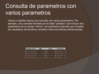 Consulta de parametros con
varios parametros
Vamos a diseñar ahora una consulta con varios parametros. Por
ejemplo, una consulta formada por la tabla “pedidos” que incluya dos
parametros en el campo “fecha”. Asi podremos indicarle que muestre
los resultados de los libros vendidos entre dos fechas detreminadas




             Nº de albarán de salidas ISBN       Fechas       Ejemplares
                               2 84-95318-21-2   29/04/2010            200
                               3 84-96097-21-3   30/04/2010            150
                               3 84-96097-32-0   30/04/2010            250
                               4 84-95318-75-1   30/04/2010          2000
 