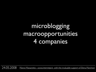 microblogging
                 macroopportunities
                        Testo
                    4 companies


24.05.2008   Marco Massarotto - www.internetpr.it with the invaluable support of Elena Marchiori
