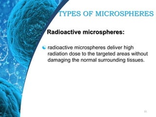 Radioactive microspheres:
 radioactive microspheres deliver high
radiation dose to the targeted areas without
damaging the normal surrounding tissues.
11
TYPES OF MICROSPHERES
 