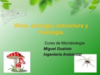 Virus, ecología, estructura y
fisiología
Curso de Microbiología
Miguel Gualoto
Ingeniería Ambiental
 