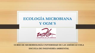 ECOLOGÍA MICROBIANA
Y OGM´S
CURSO DE MICROBIOLOGÍA UNIVERSIDAD DE LAS AMÉRICAS UDLA
ESCUELA DE INGENIERÍA AMBIENTAL
 