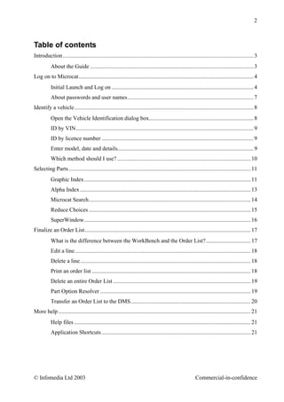 2



Table of contents
Introduction ..................................................................................................................................... 3
           About the Guide .................................................................................................................. 3
Log on to Microcat.......................................................................................................................... 4
           Initial Launch and Log on ................................................................................................... 4
           About passwords and user names........................................................................................ 7
Identify a vehicle............................................................................................................................. 8
           Open the Vehicle Identification dialog box......................................................................... 8
           ID by VIN............................................................................................................................ 9
           ID by licence number .......................................................................................................... 9
           Enter model, date and details............................................................................................... 9
           Which method should I use? ............................................................................................. 10
Selecting Parts ............................................................................................................................... 11
           Graphic Index .................................................................................................................... 11
           Alpha Index ....................................................................................................................... 13
           Microcat Search................................................................................................................. 14
           Reduce Choices ................................................................................................................. 15
           SuperWindow .................................................................................................................... 16
Finalize an Order List.................................................................................................................... 17
           What is the difference between the WorkBench and the Order List? ............................... 17
           Edit a line........................................................................................................................... 18
           Delete a line....................................................................................................................... 18
           Print an order list ............................................................................................................... 18
           Delete an entire Order List ................................................................................................ 19
           Part Option Resolver ......................................................................................................... 19
           Transfer an Order List to the DMS.................................................................................... 20
More help ...................................................................................................................................... 21
           Help files ........................................................................................................................... 21
           Application Shortcuts ........................................................................................................ 21




© Infomedia Ltd 2003                                                                                       Commercial-in-confidence
 
