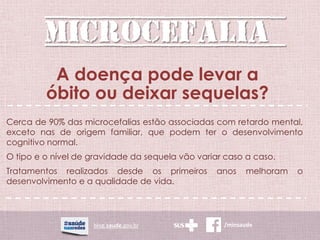 MICROCEFALIA
blog.saude.gov.br /minsaude
A doença pode levar a
óbito ou deixar sequelas?
Cerca de 90% das microcefalias estão associadas com retardo mental,
exceto nas de origem familiar, que podem ter o desenvolvimento
cognitivo normal.
O tipo e o nível de gravidade da sequela vão variar caso a caso.
Tratamentos realizados desde os primeiros anos melhoram o
desenvolvimento e a qualidade de vida.
 