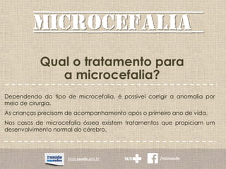 MICROCEFALIA
blog.saude.gov.br /minsaude
Qual o tratamento para
a microcefalia?
Dependendo do tipo de microcefalia, é possível corrigir a anomalia por
meio de cirurgia.
As crianças precisam de acompanhamento após o primeiro ano de vida.
Nos casos de microcefalia óssea existem tratamentos que propiciam um
desenvolvimento normal do cérebro.
 