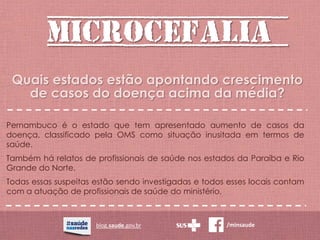 MICROCEFALIA
blog.saude.gov.br /minsaude
Quais estados estão apontando crescimento
de casos do doença acima da média?
Pernambuco é o estado que tem apresentado aumento de casos da
doença, classificado pela OMS como situação inusitada em termos de
saúde.
Também há relatos de profissionais de saúde nos estados da Paraíba e Rio
Grande do Norte.
Todas essas suspeitas estão sendo investigadas e todos esses locais contam
com a atuação de profissionais de saúde do ministério.
 