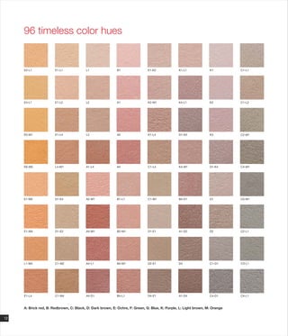 96 timeless color hues
Ε2-L1 E1-L1 L1 B1 E1-K2 K1-L1
E4-L1 E1-L2 L2 A1 K2-M1 K4-L1
E5-M1 E1-L4 L3 A2 K1-L4 D1-K2
E6-M3 L4-M1 A1-L4 A4 C1-L4 K4-M1
E1-M2 D1-E4 A2-M1 B1-L1 C1-M1 B4-D1
E1-M4 D1-E2 A4-M1 B2-M1 D1-E1 A1-D2
L1-M4 C1-M2 A4-L1 B4-M1 D2-E1 D4
E1-L4 C1-M4 A4-D1 B4-L1 D4-E1 A1-D4
A: Brick red, B: Redbrown, C: Black, D: Dark brown, E: Ochre, F: Green, G: Blue, K: Purple, L: Light brown, M: Orange
K1 C1-L1
K2 C1-L2
K3 C2-M1
D1-K4 C4-M1
D1 C5-M1
D2 C2-L1
C1-D1 C3-L1
C4-D1 C4-L1
12
 