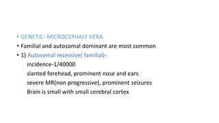 • GENETIC- MICROCEPHALY VERA
• Familial and autosomal dominant are most common
• 1) Autosomal recessive( familial)-
incidence-1/40000
slanted forehead, prominent nose and ears
severe MR(non progressive), prominent seizures
Brain is small with small cerebral cortex
 