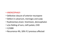 • ANENCEPHALY-
• Defective closure of anterior neuropore
• Defect in calvarium, meninges and scalp
• Rudimentary brain- hind brain, diencephalon
• a/w folding of ears, cleft palate, CHD
• 1/1000
• Recurrence 4%, 10% if 2 previous affected
 