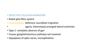 • DEFECTIVE CELLULAR MIGRATION
• Radial glial fibre system
• Lissencephaly- defective neuroblast migration
• agyria, heterotopia,enlarged lateral ventricles
• Type 1- complete absence of gyri
• Corpus gangliothalamicus pathway not involved
• Hypoplasia of optic nerve, micropthalmia
 