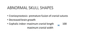 ABNORMAL SKULL SHAPES
• Craniosynostosis- premature fusion of cranial sutures
• Decreased brain growth
• Cephalic index= maximum cranial length 100
maximum cranial width
 