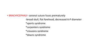 • BRACHYCEPHALY- coronal suture fuses prematurely
-broad skull, flat forehead, decreased A-P diameter
*aperts syndrome
*carpenters syndrome
*crouzons syndrome
*downs syndrome
 