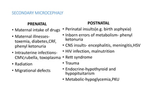 SECONDARY MICROCEPHALY
PRENATAL
• Maternal intake of drugs
• Maternal illnesses-
toxemia, diabetes,CRF,
phenyl ketonuria
• Intrauterine infections-
CMV,rubella, toxoplasma
• Radiation
• Migrational defects
POSTNATAL
• Perinatal insults(e.g. birth asphyxia)
• Inborn errors of metabolism- phenyl
ketonuria
• CNS insults- encephalitis, meningitis,HSV
• HIV infection, malnutrition
• Rett syndrome
• Trauma
• Endocrine-hypothyroid and
hypopituitarism
• Metabolic-hypoglycemia,PKU
 