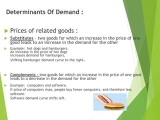 Determinants Of Demand :
 Prices of related goods :
 Substitutes – two goods for which an increase in the price of one
good leads to an increase in the demand for the other
 Example: hot dogs and hamburgers.
An increase in the price of hot dogs
increases demand for hamburgers,
shifting hamburger demand curve to the right.
 Complements – two goods for which an increase in the price of one good
leads to a decrease in the demand for the other
 Example: computers and software.
If price of computers rises, people buy fewer computers, and therefore less
software.
Software demand curve shifts left.
10
 