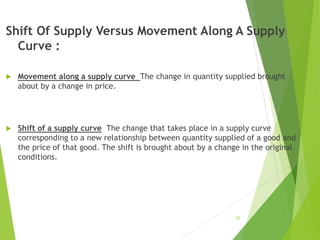 Shift Of Supply Versus Movement Along A Supply
Curve :
 Movement along a supply curve The change in quantity supplied brought
about by a change in price.
 Shift of a supply curve The change that takes place in a supply curve
corresponding to a new relationship between quantity supplied of a good and
the price of that good. The shift is brought about by a change in the original
conditions.
20
 