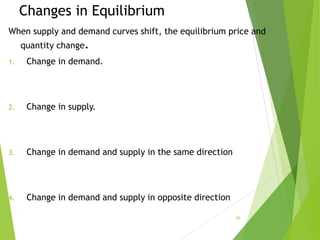 Changes in Equilibrium
When supply and demand curves shift, the equilibrium price and
quantity change.
1. Change in demand.
2. Change in supply.
3. Change in demand and supply in the same direction
4. Change in demand and supply in opposite direction
29
 