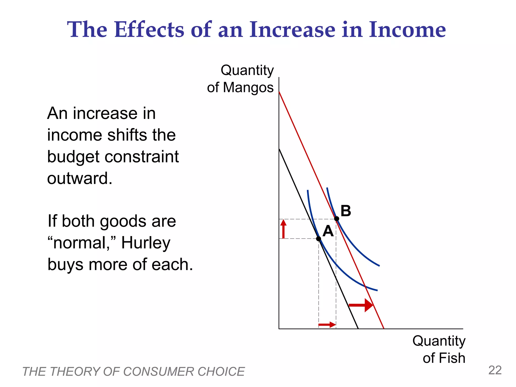 THE THEORY OF CONSUMER CHOICE 22
The Effects of an Increase in Income
Quantity
of Fish
Quantity
of Mangos
An increase in
income shifts the
budget constraint
outward.
If both goods are
“normal,” Hurley
buys more of each.
A
B