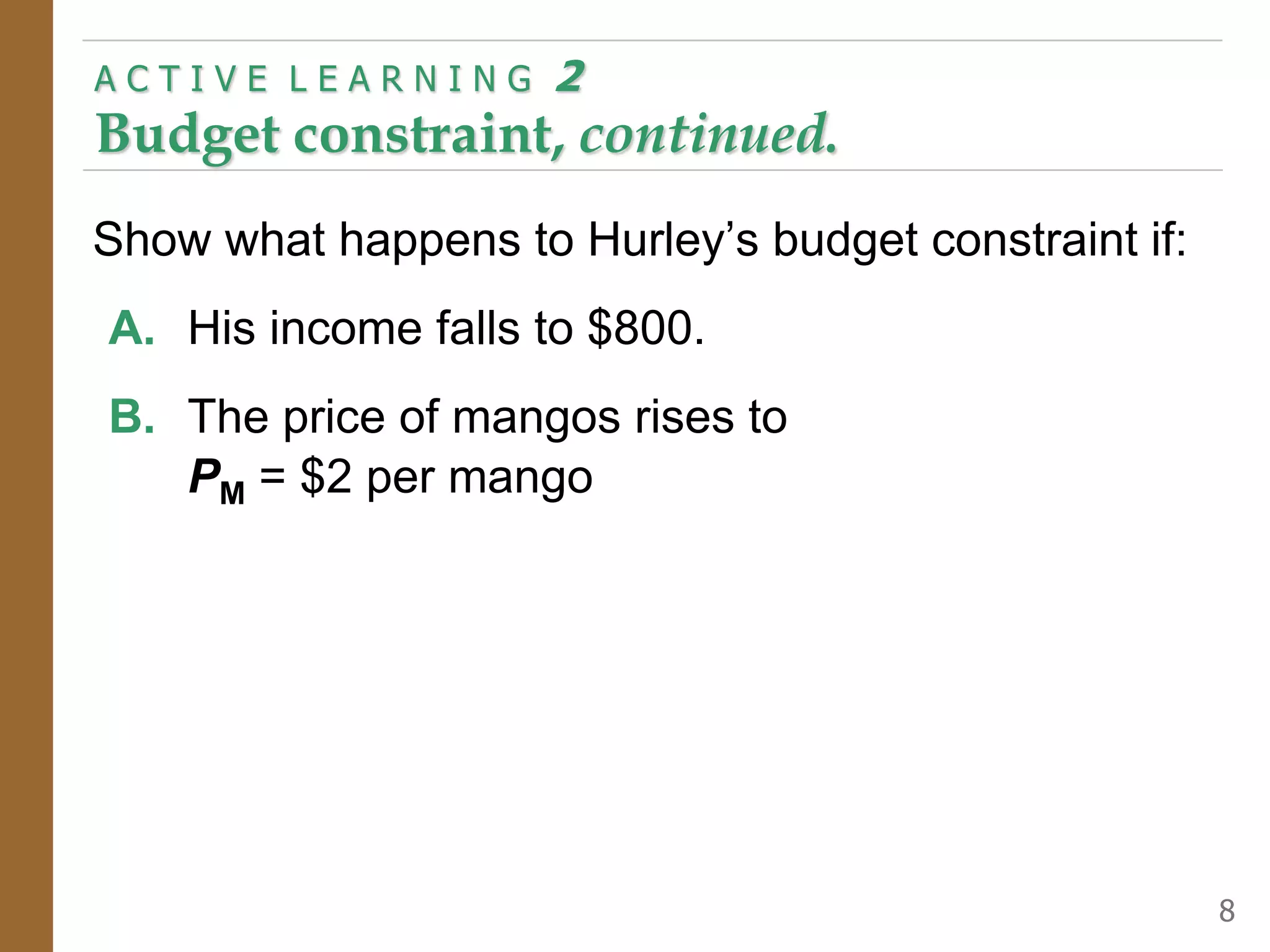 Show what happens to Hurley’s budget constraint if:
A. His income falls to $800.
B. The price of mangos rises to
PM = $2 per mango
A C T I V E L E A R N I N G 2
Budget constraint, continued.
8