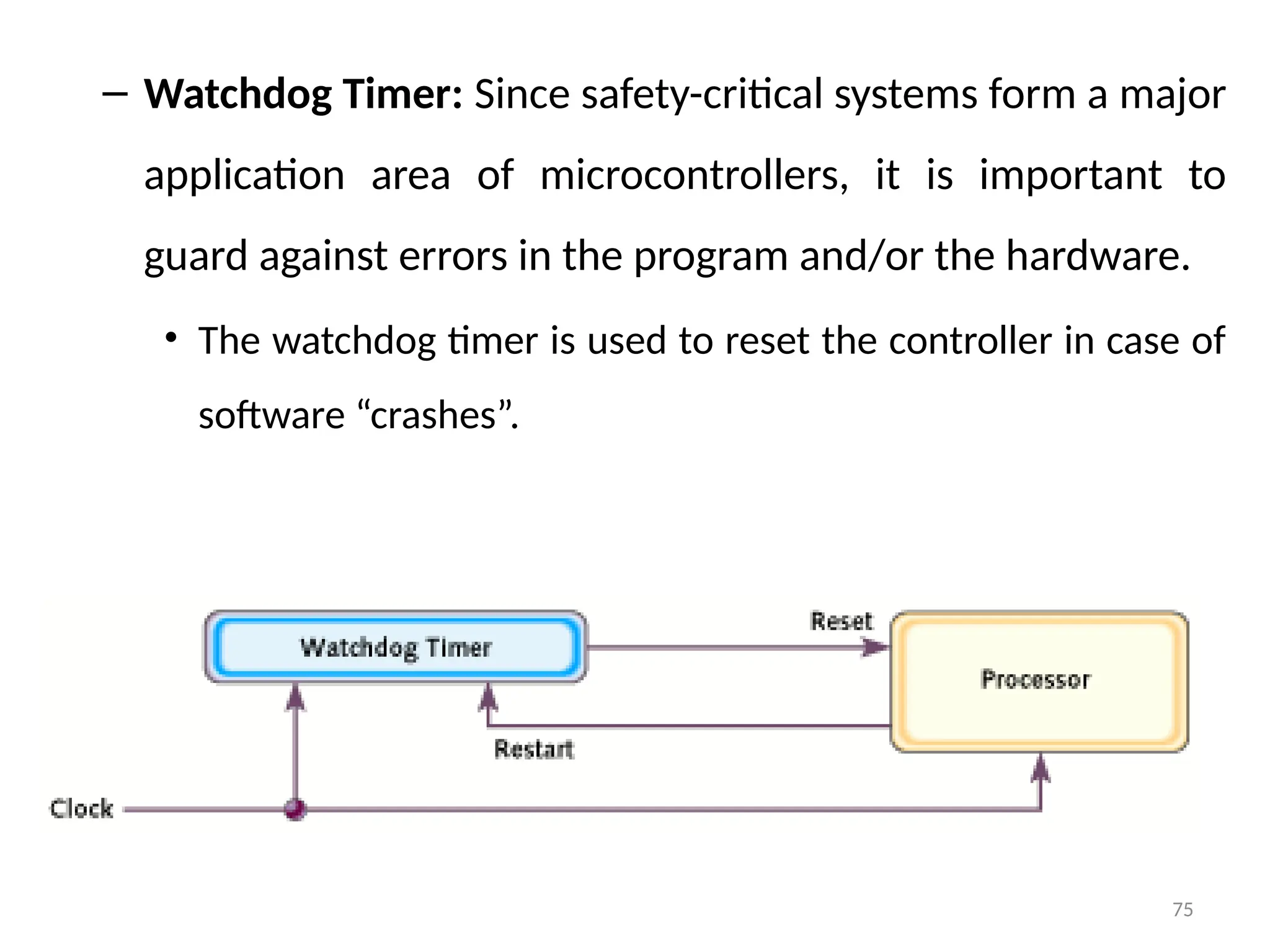 75
– Watchdog Timer: Since safety-critical systems form a major
application area of microcontrollers, it is important to
guard against errors in the program and/or the hardware.
• The watchdog timer is used to reset the controller in case of
software “crashes”.
 