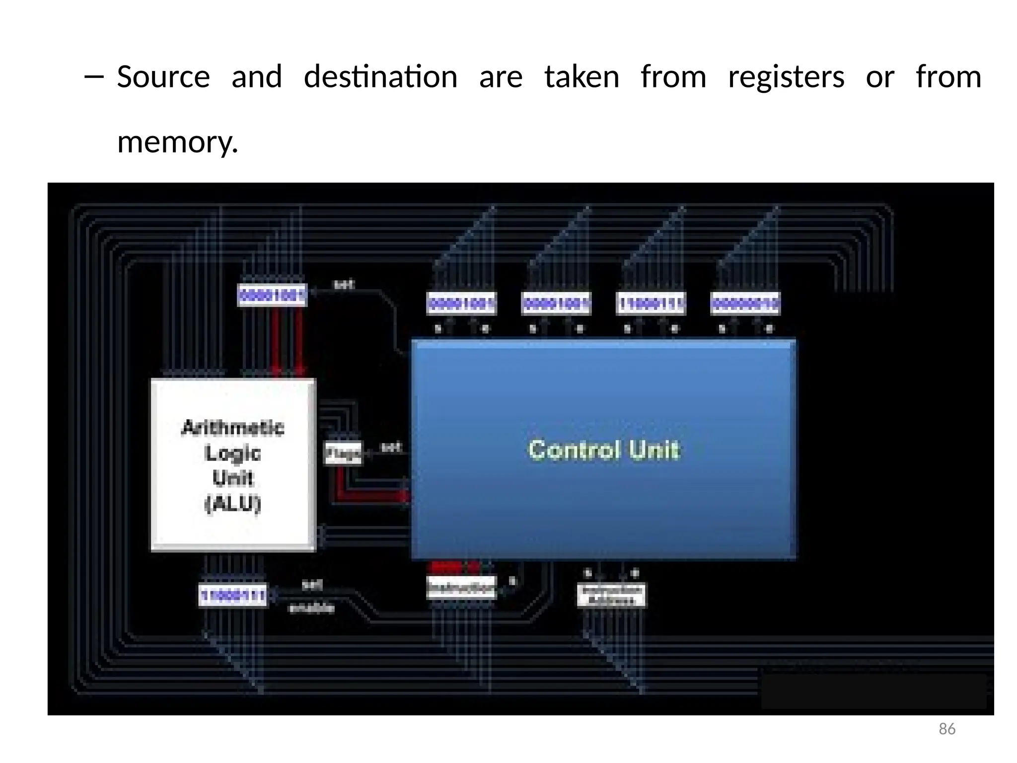 86
– Source and destination are taken from registers or from
memory.
 