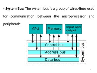 15
• System Bus: The system bus is a group of wires/lines used
for communication between the microprocessor and
peripherals.
 