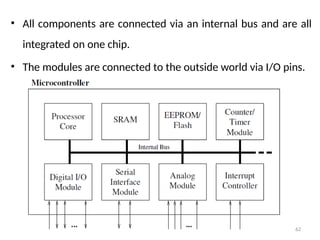 62
• All components are connected via an internal bus and are all
integrated on one chip.
• The modules are connected to the outside world via I/O pins.
 