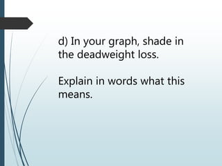 d) In your graph, shade in
the deadweight loss.
Explain in words what this
means.
 