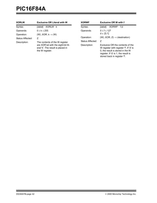PIC16F84A
DS35007B-page 42 © 2000 Microchip Technology Inc.
XORLW Exclusive OR Literal with W
Syntax: [label] XORLW k
Operands: 0 ≤ k ≤ 255
Operation: (W) .XOR. k → (W)
Status Affected: Z
Description: The contents of the W register
are XOR’ed with the eight-bit lit-
eral 'k'. The result is placed in
the W register.
XORWF Exclusive OR W with f
Syntax: [label] XORWF f,d
Operands: 0 ≤ f ≤ 127
d ∈ [0,1]
Operation: (W) .XOR. (f) → (destination)
Status Affected: Z
Description: Exclusive OR the contents of the
W register with register 'f'. If 'd' is
0, the result is stored in the W
register. If 'd' is 1, the result is
stored back in register 'f'.
 