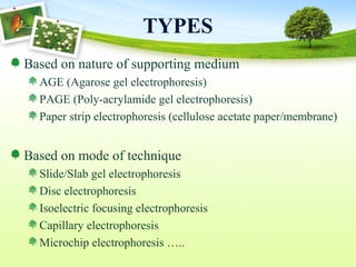 TYPES
Based on nature of supporting medium
AGE (Agarose gel electrophoresis)
PAGE (Poly-acrylamide gel electrophoresis)
Paper strip electrophoresis (cellulose acetate paper/membrane)
Based on mode of technique
Slide/Slab gel electrophoresis
Disc electrophoresis
Isoelectric focusing electrophoresis
Capillary electrophoresis
Microchip electrophoresis …..
 