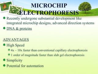 MICROCHIP
ELECTROPHORESIS
Recently undergone substantial development like
integrated microchip designs, advanced direction systems
DNA & proteins
ADVANTAGES
High Speed
4x – 10x faster than conventional capillary electrophoresis
1 order of magnitude faster than slab gel electrophoresis
Simplicity
Potential for automation
 