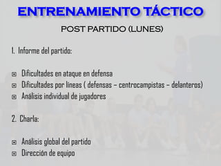 POST PARTIDO (LUNES)
1. Informe del partido:
 Dificultades en ataque en defensa
 Dificultades por líneas ( defensas – centrocampistas – delanteros)
 Análisis individual de jugadores
2. Charla:
 Análisis global del partido
 Dirección de equipo
ENTRENAMIENTO TÁCTICO
 