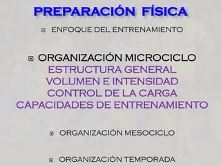  ENFOQUE DEL ENTRENAMIENTO
 ORGANIZACIÓN MICROCICLO
ESTRUCTURA GENERAL
VOLUMEN E INTENSIDAD
CONTROL DE LA CARGA
CAPACIDADES DE ENTRENAMIENTO
 ORGANIZACIÓN MESOCICLO
 ORGANIZACIÓN TEMPORADA
PREPARACIÓN FÍSICA
 