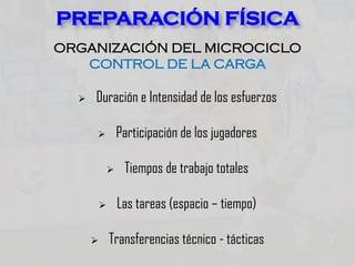 ORGANIZACIÓN DEL MICROCICLO
CONTROL DE LA CARGA
 Duración e Intensidad de los esfuerzos
 Participación de los jugadores
 Tiempos de trabajo totales
 Las tareas (espacio – tiempo)
 Transferencias técnico - tácticas
PREPARACIÓN FÍSICA
 