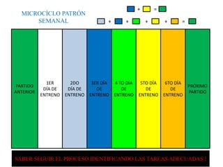 MICROCÍCLO PATRÓN
SEMANAL

PARTIDO
ANTERIOR

1ER
DÍA DE
ENTRENO

2DO
DÍA DE
ENTRENO

+
+

3ER DÍA
DE
ENTRENO

+

4 TO DÍA
DE
ENTRENO

=
+

5TO DÍA
DE
ENTRENO

+

=

6TO DÍA
DE
ENTRENO

PRÓXIMO
PARTIDO

SABER SEGUIR EL PROCESO IDENTIFICANDO LAS TAREAS ADECUADAS !

 