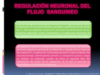 La acción analgésica de la capsaicina radica en su capacidad para inhibir
la liberación, en las terminaciones centrales y periféricas de las fibras
tipo C, del neuropéptido sustancia P, principal neurotransmisor de los
estímulos dolorosos. Como consecuencia, la capsaicina disminuye la
actividad de las neuronas sensitivas y bloquea la transmisión del. dolor



La capsaicina entra en contacto con la neurona sensitiva y la estimula
de forma selectiva acentuando la liberación y vaciado de sus reservas
de sustancia P. La aplicación continuada previene la reacumulación del
neurotransmisor, disminuyendo primero su transporte axonal y luego
su síntesis. Es entonces cuando se inicia la segunda fase del
mecanismo de acción de la capsaicina, en la que la neurona se
desensibiliza a los estímulos dolorosos.


         J.L. Gibbs and K.M. Hargreaves. Neuropeptide Y Y1 Receptor Effects on Pulpal Nociceptors J Dent Res 87(10):948-952, 2008
 