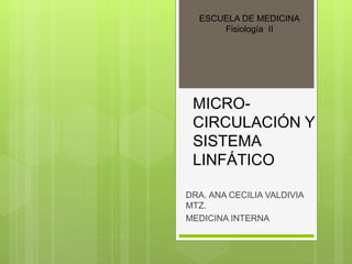 MICRO-
CIRCULACIÓN Y
SISTEMA
LINFÁTICO
DRA. ANA CECILIA VALDIVIA
MTZ.
MEDICINA INTERNA
ESCUELA DE MEDICINA
Fisiología II
 