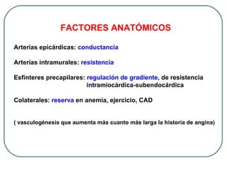 FACTORES ANATÓMICOS

Arterias epicárdicas: conductancia

Arterias intramurales: resistencia

Esfínteres precapilares: regulación de gradiente, de resistencia
                         intramiocárdica-subendocárdica

Colaterales: reserva en anemia, ejercicio, CAD


( vasculogénesis que aumenta más cuanto más larga la historia de angina)
 